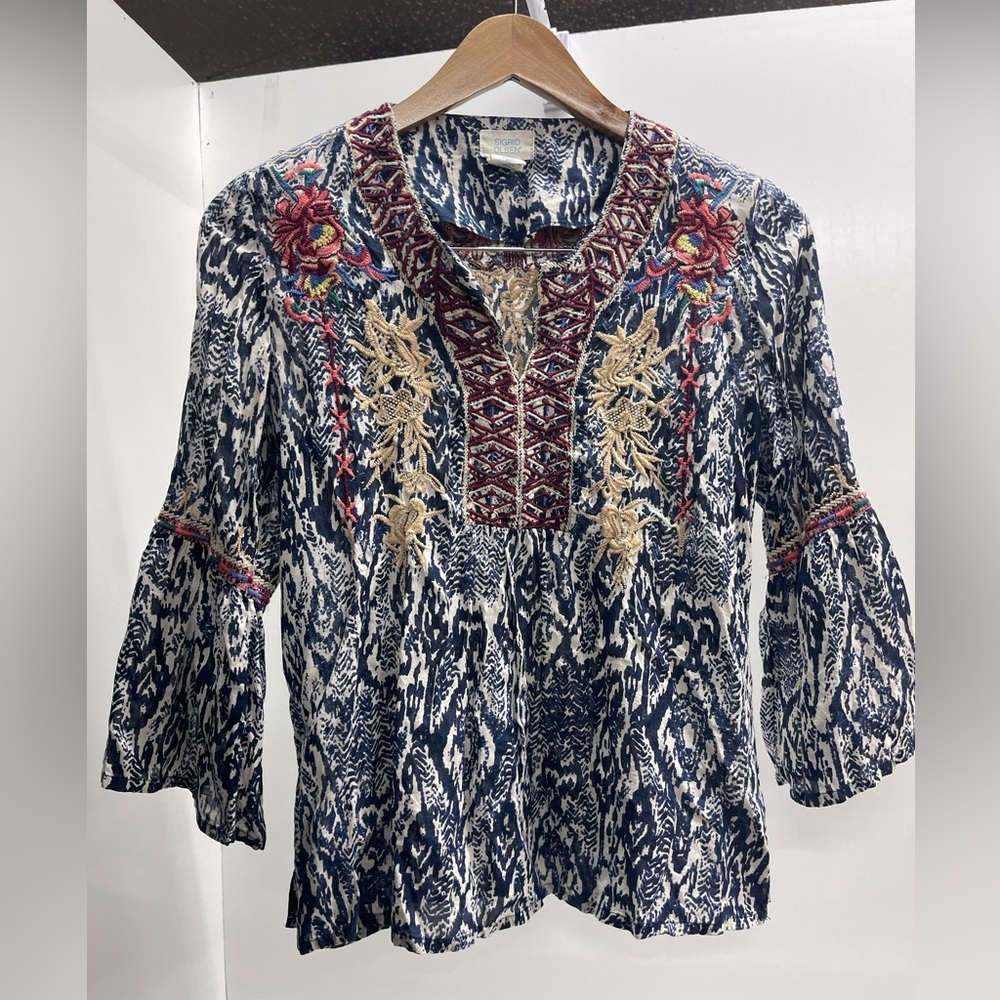 Sigrid Olsen Navy and Cream Embroidered Ikat Tunic boho